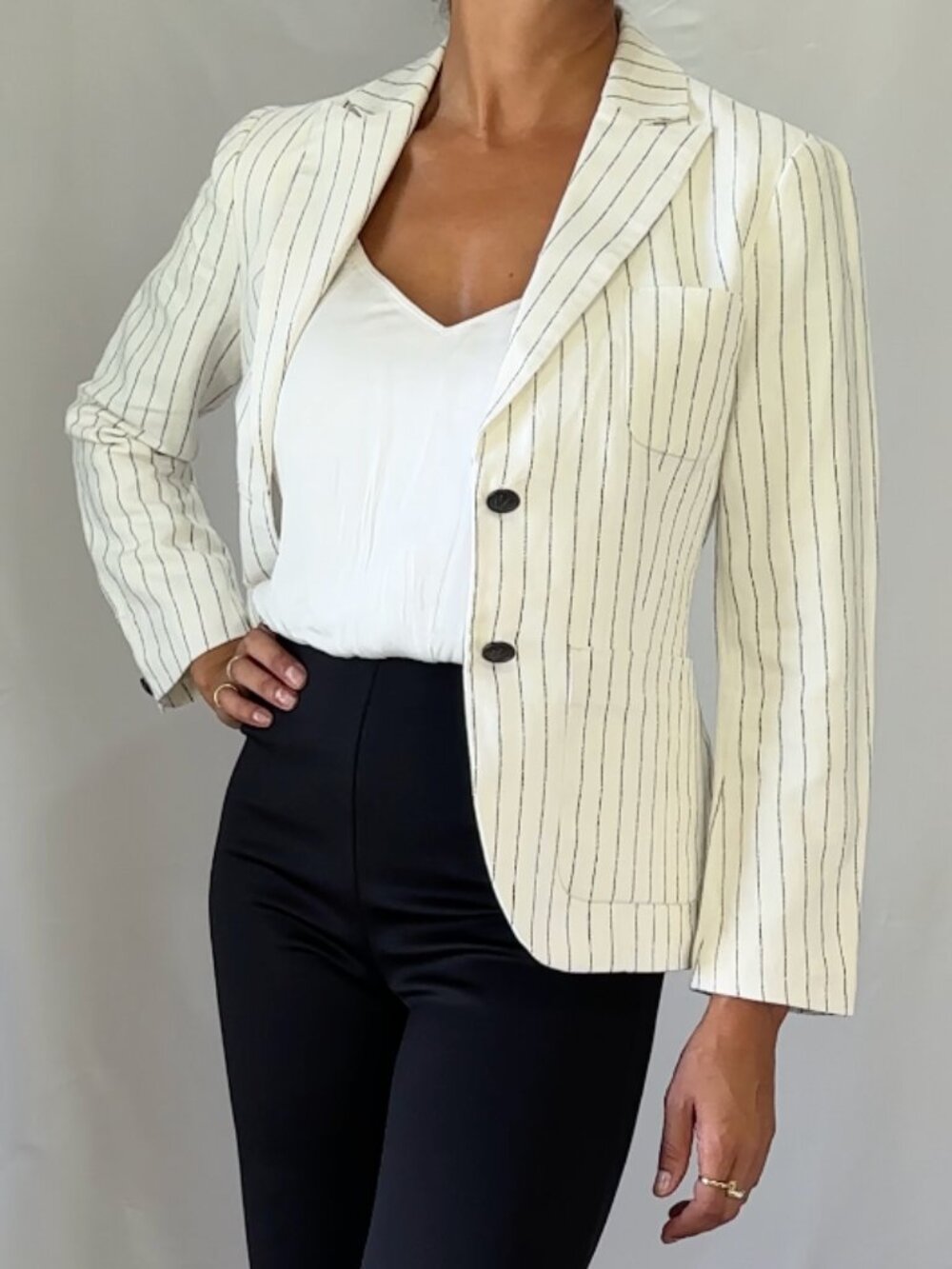rag & bone White Black Pinstripe Blazer Single Button Linen Cotton Lined Size 2